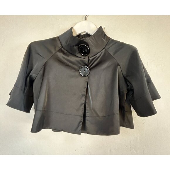 Steve Madden Womens Shiny Black Cropped Bolero Coat Jacket Medium Button Front - Picture 1 of 6
